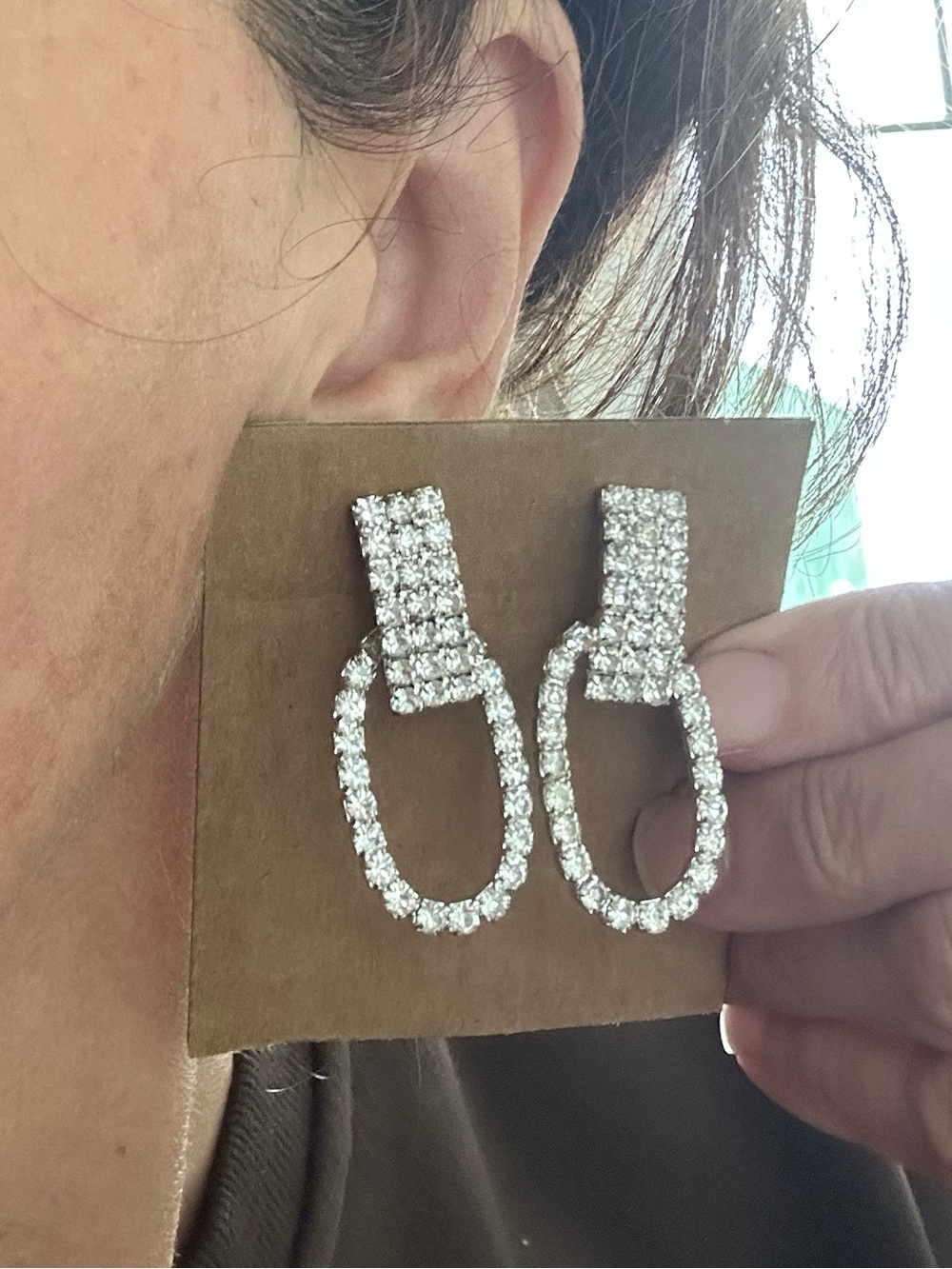 Rhinestone Oval Drop Statement Earrings - Silver